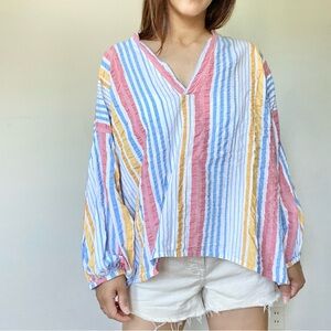 The LOU & GRAY Oversize Multi-Color Striped Balloon Sleeves Blouse